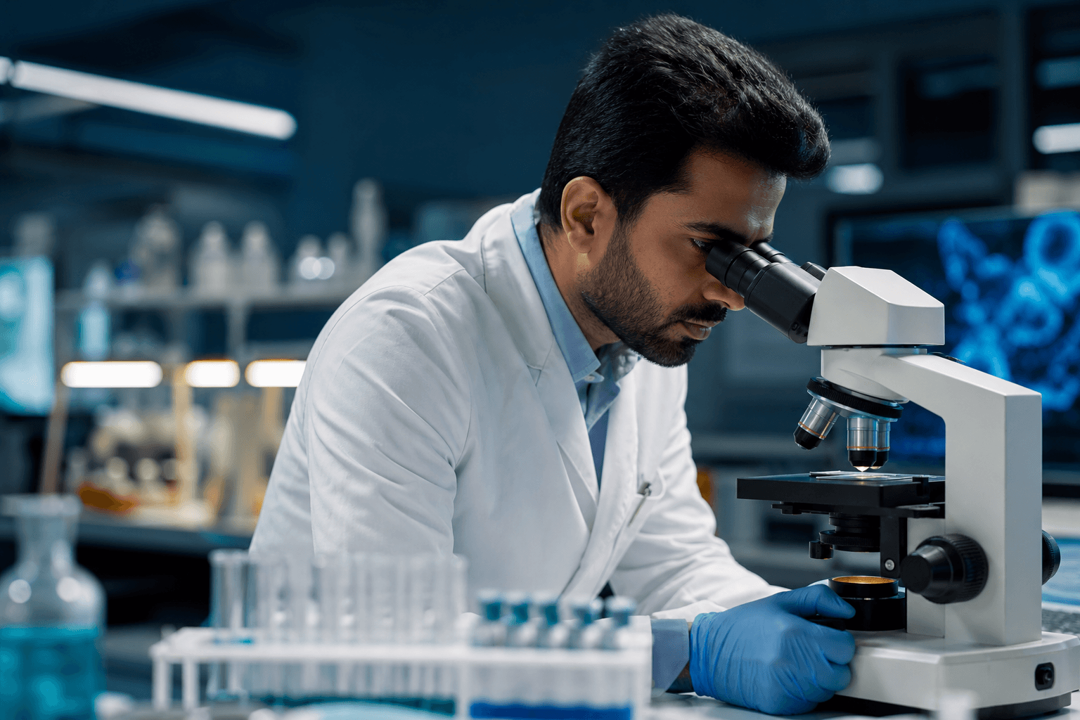 Scientist examining a sample through a laboratory microscope