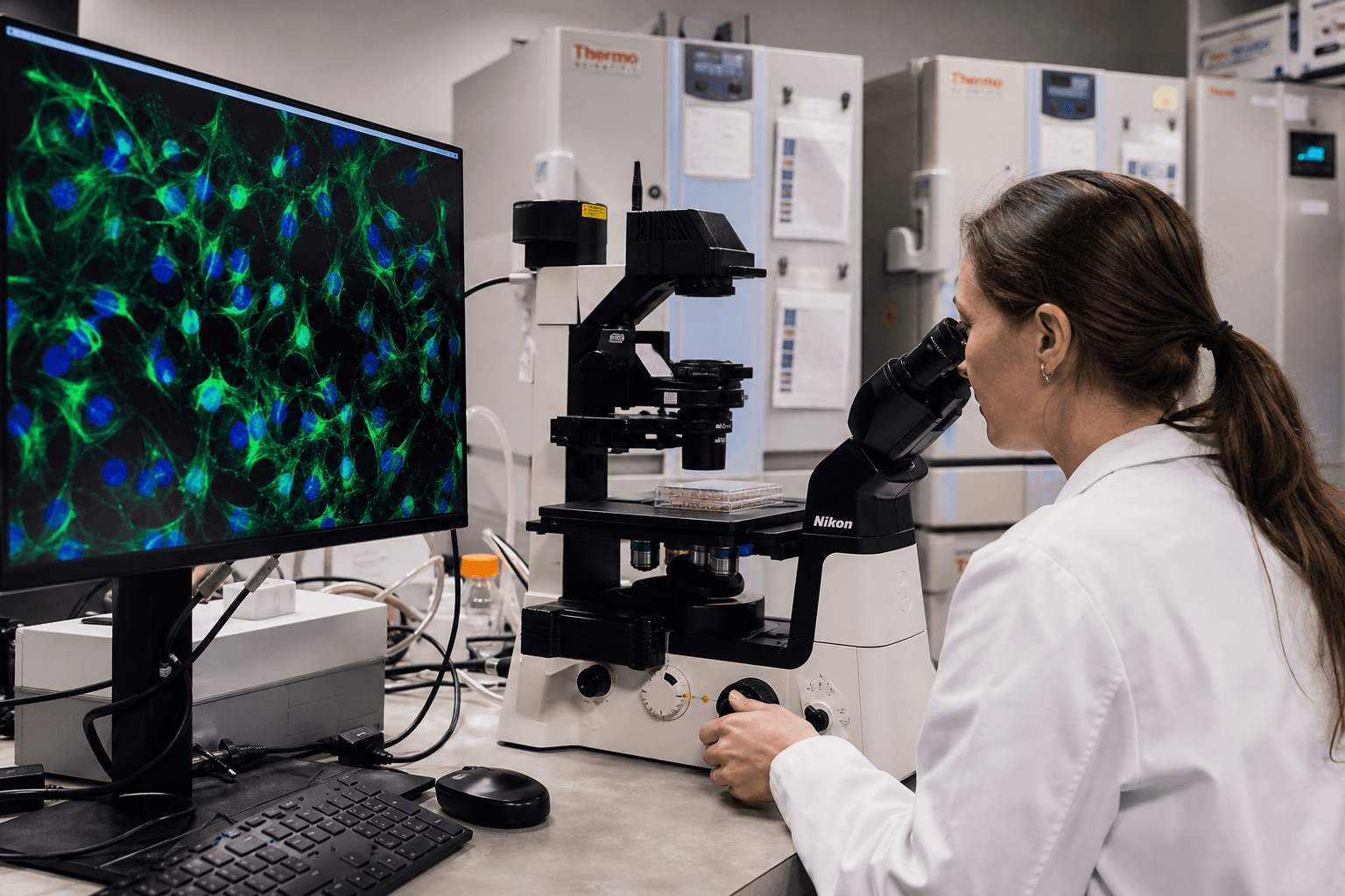 Inverted fluorescence microscope with live cell culture imaging display