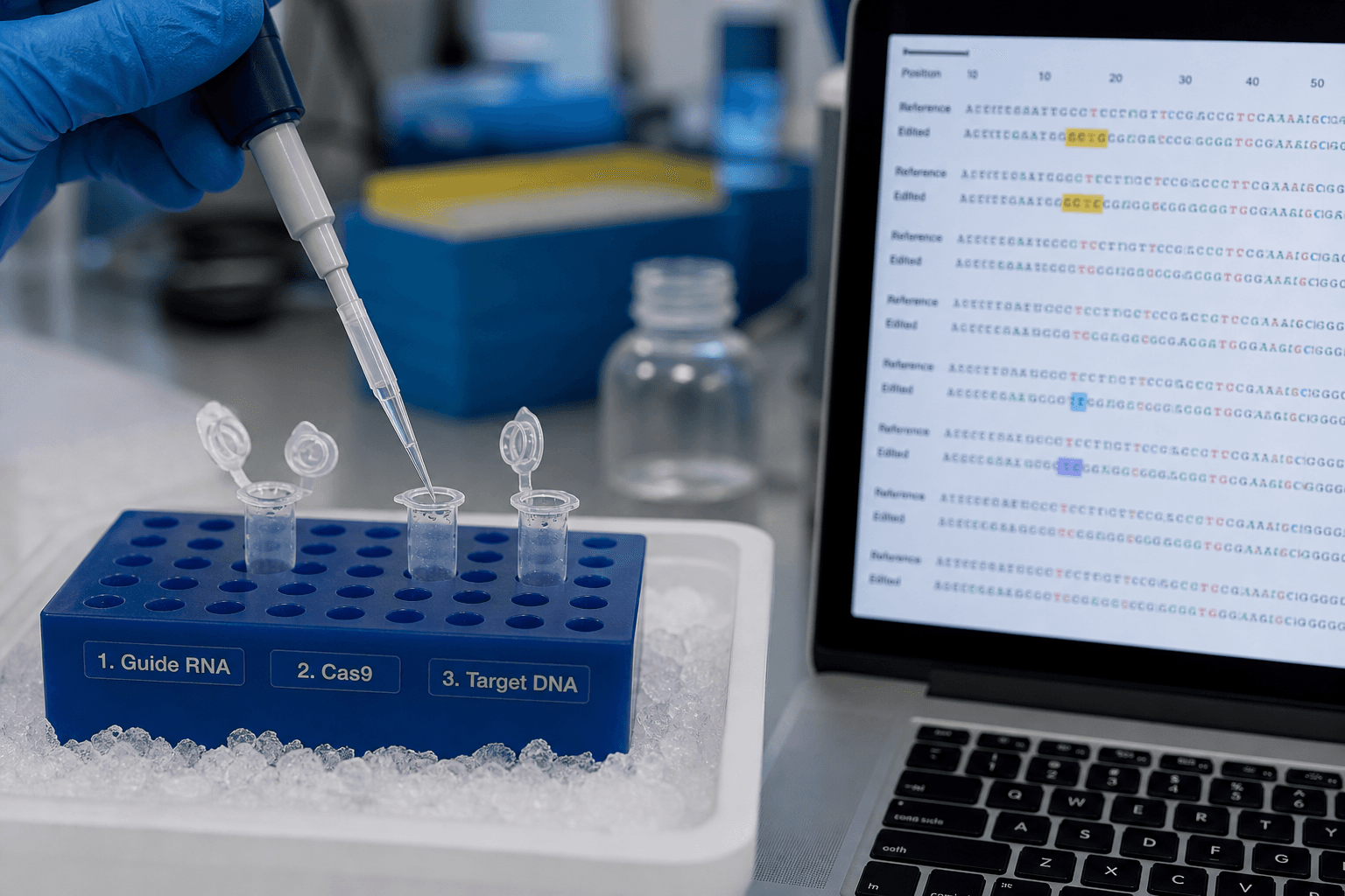 CRISPR gene editing reagent setup with DNA sequence alignment on laptop