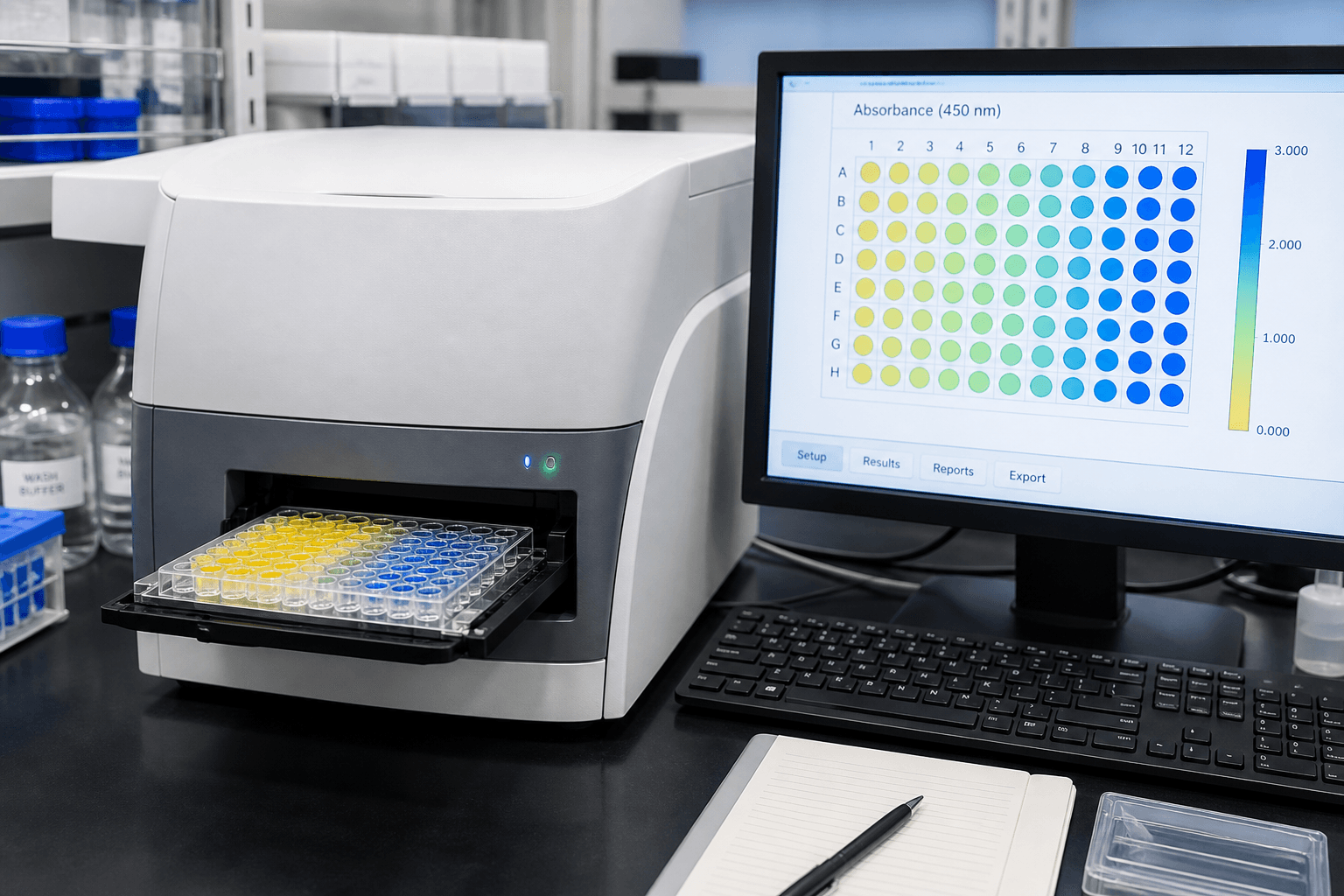 ELISA microplate reader with 96-well plate and absorbance heatmap