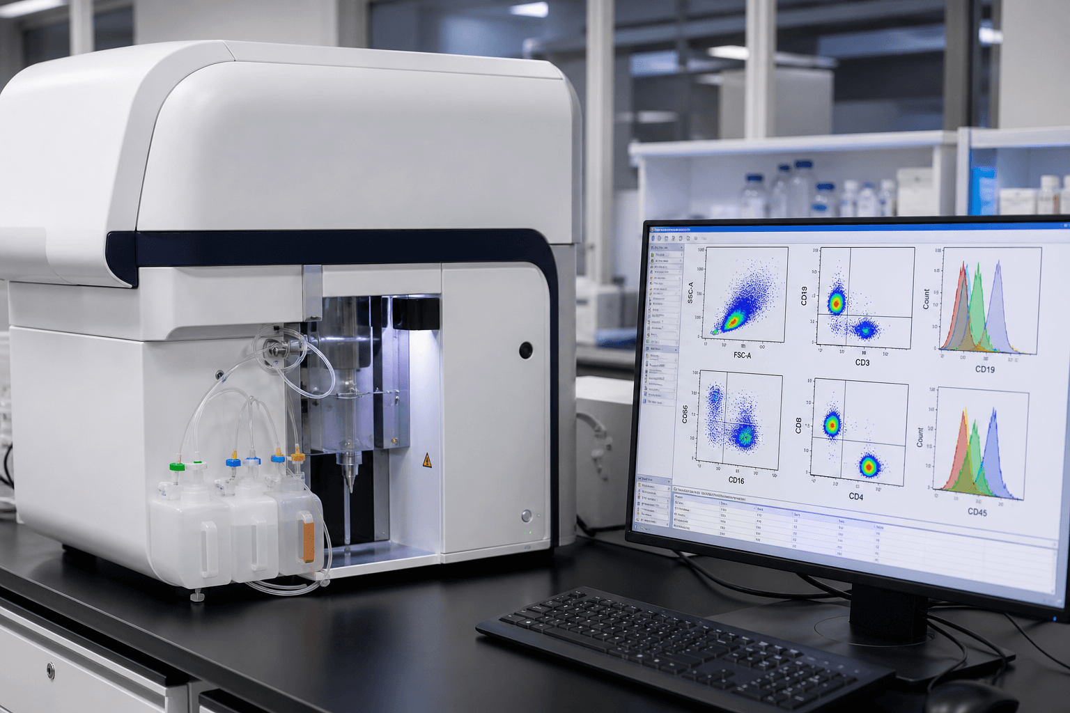 Multiparameter flow cytometer with scatter plot analysis on screen