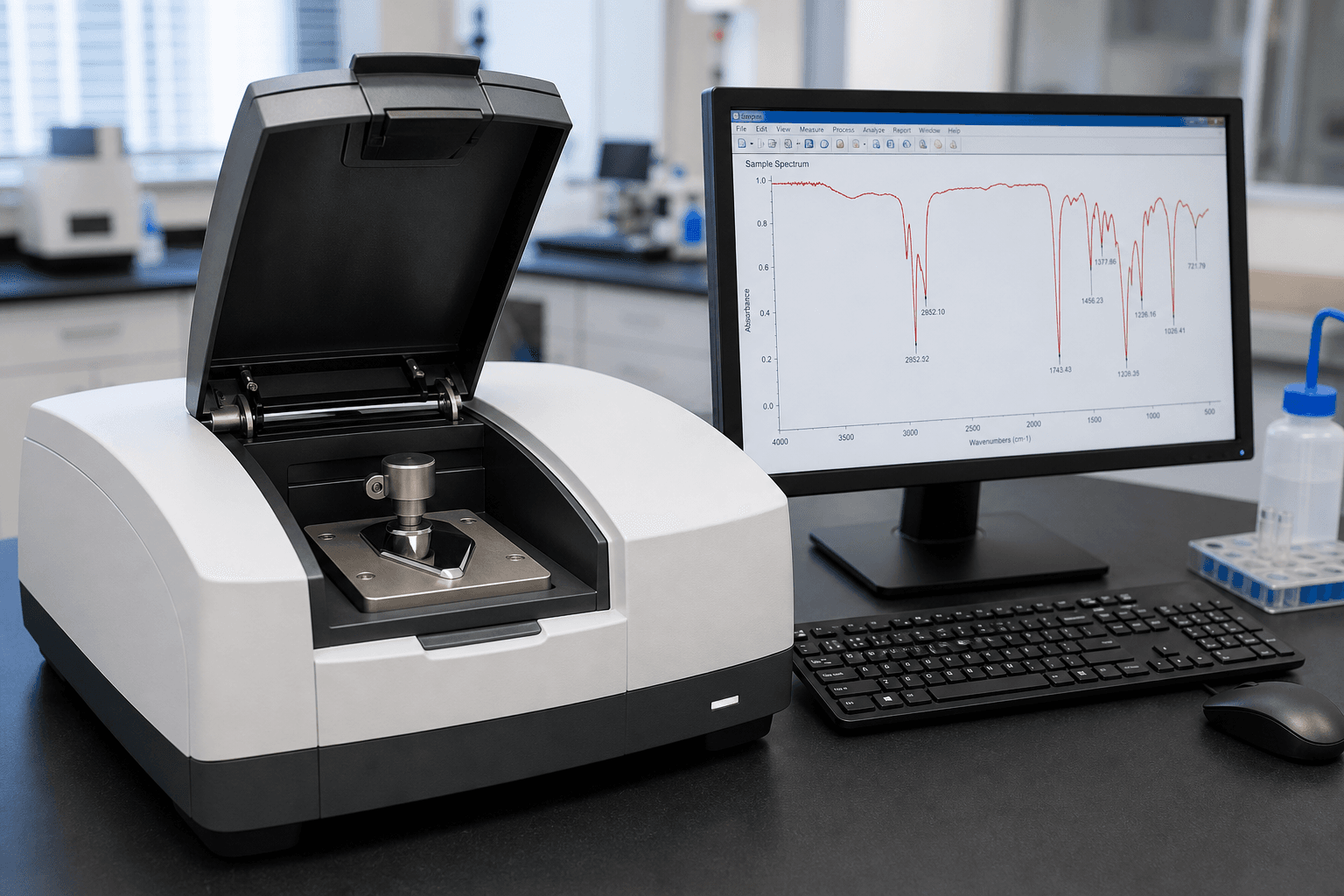 FTIR spectrometer with ATR sample plate and infrared spectrum on screen