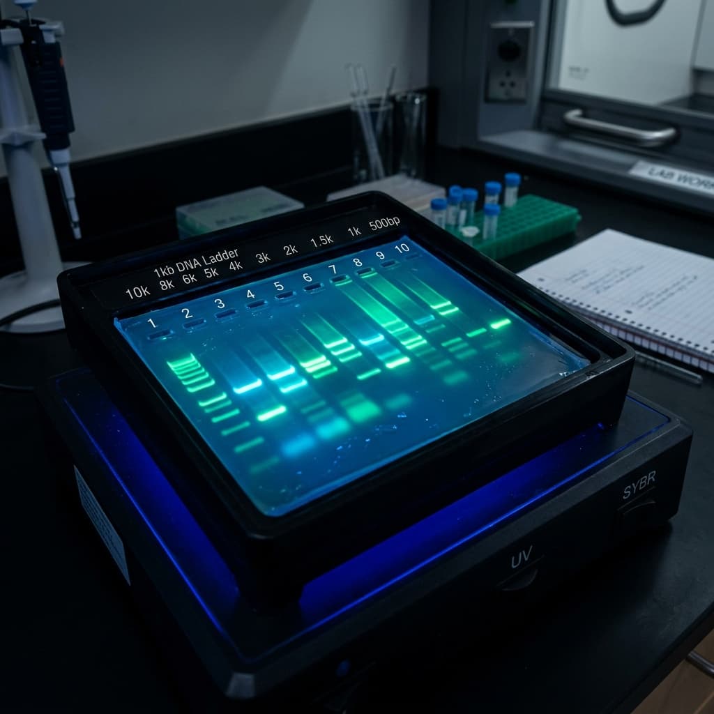 Agarose gel electrophoresis under UV light displaying sharp fluorescent DNA bands