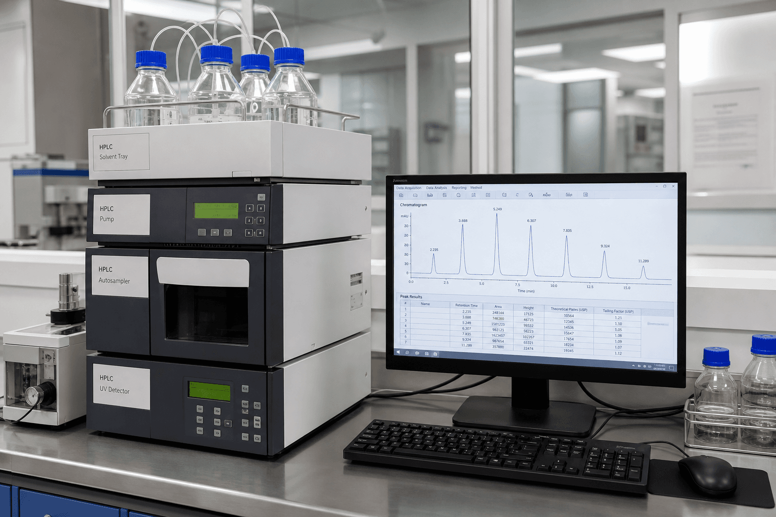 HPLC chromatography system with chromatogram peaks on monitor