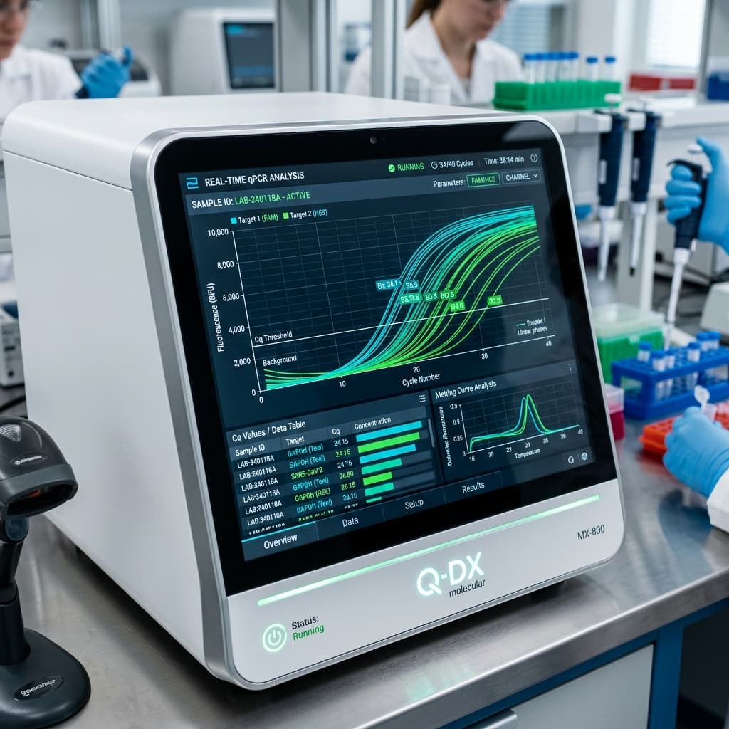 Real-time qPCR analyzer screen showing molecular amplification curves