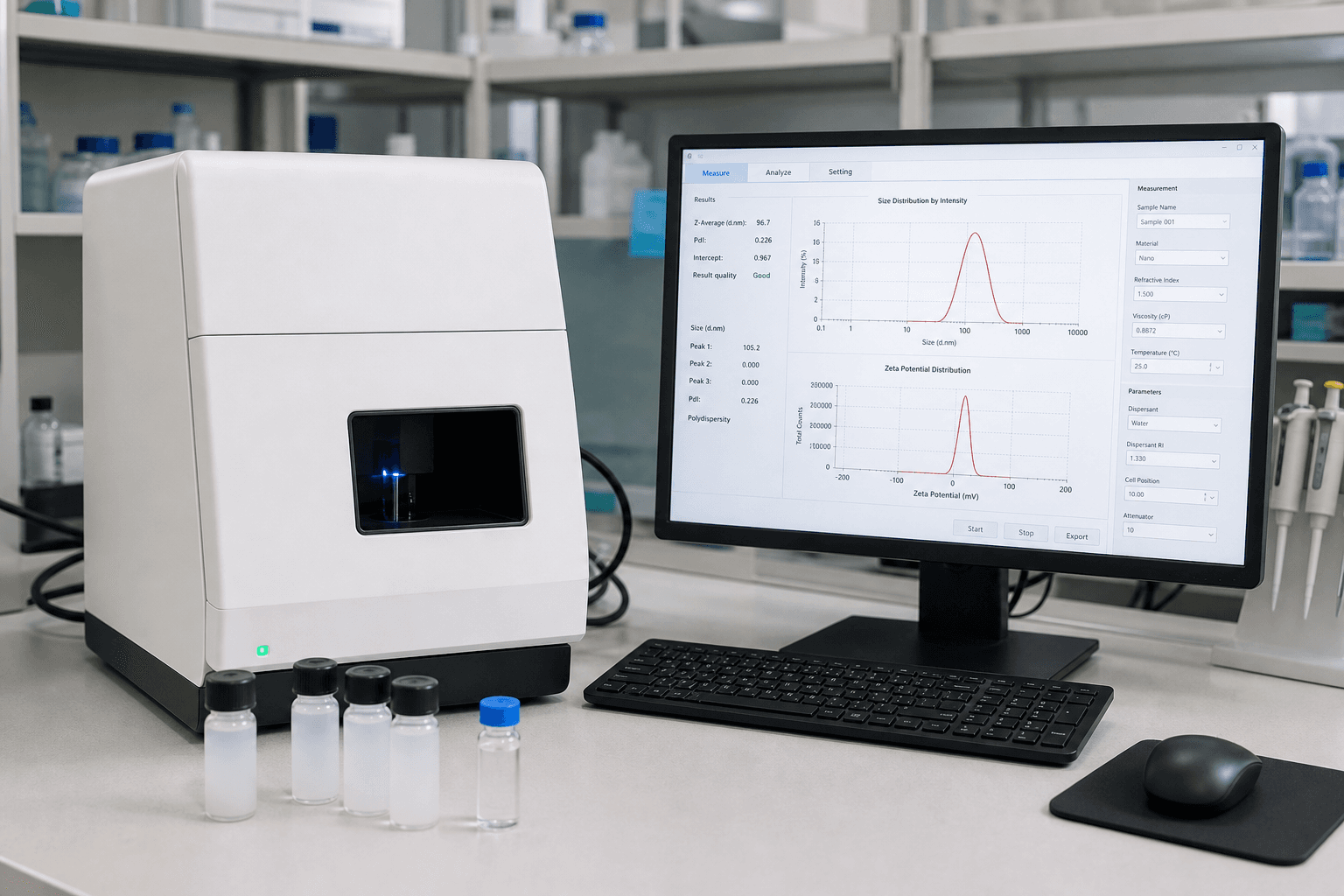 Nanoparticle size and zeta potential analyser with distribution curve