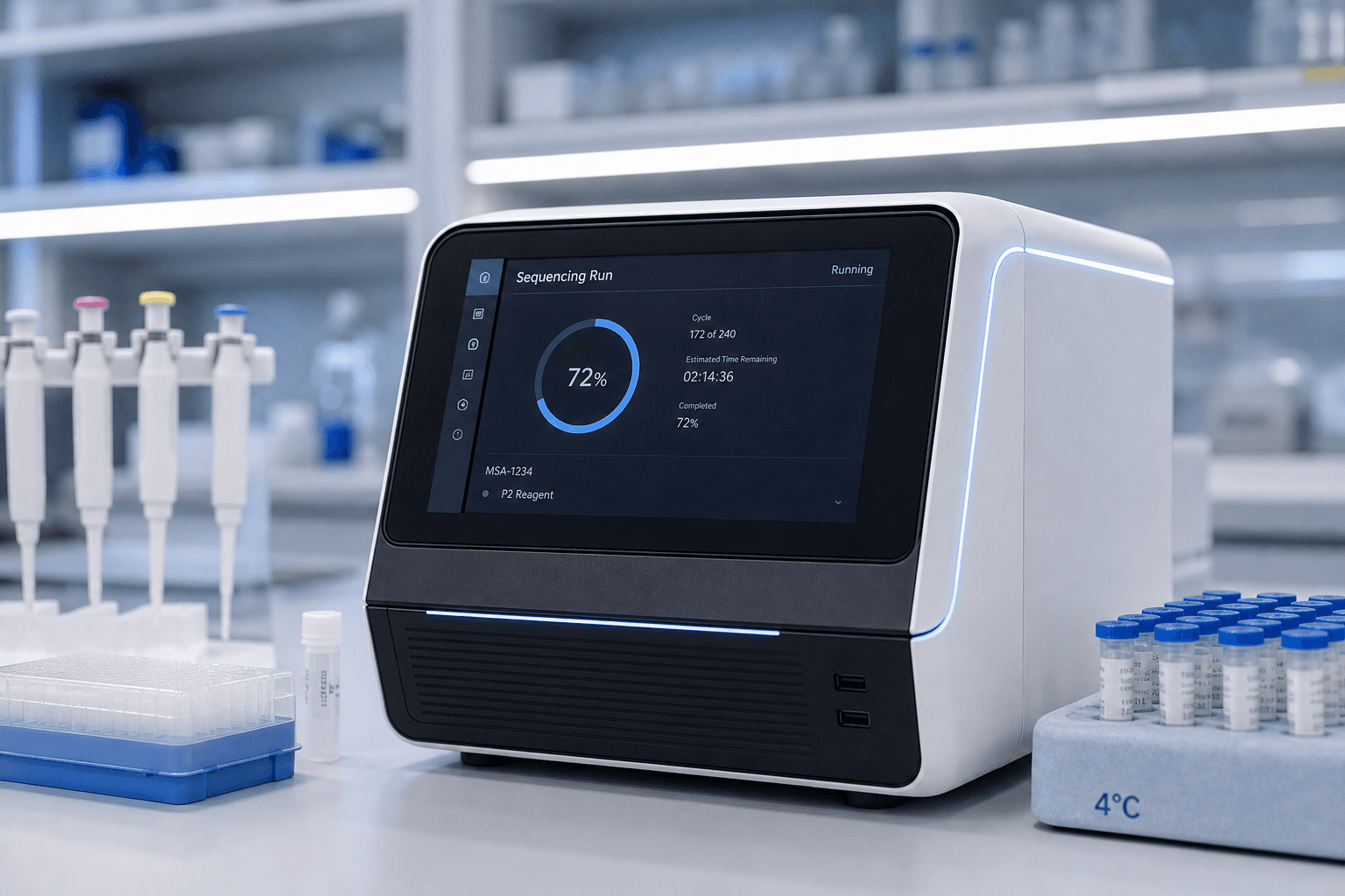Next-generation sequencing instrument on a genomics laboratory bench