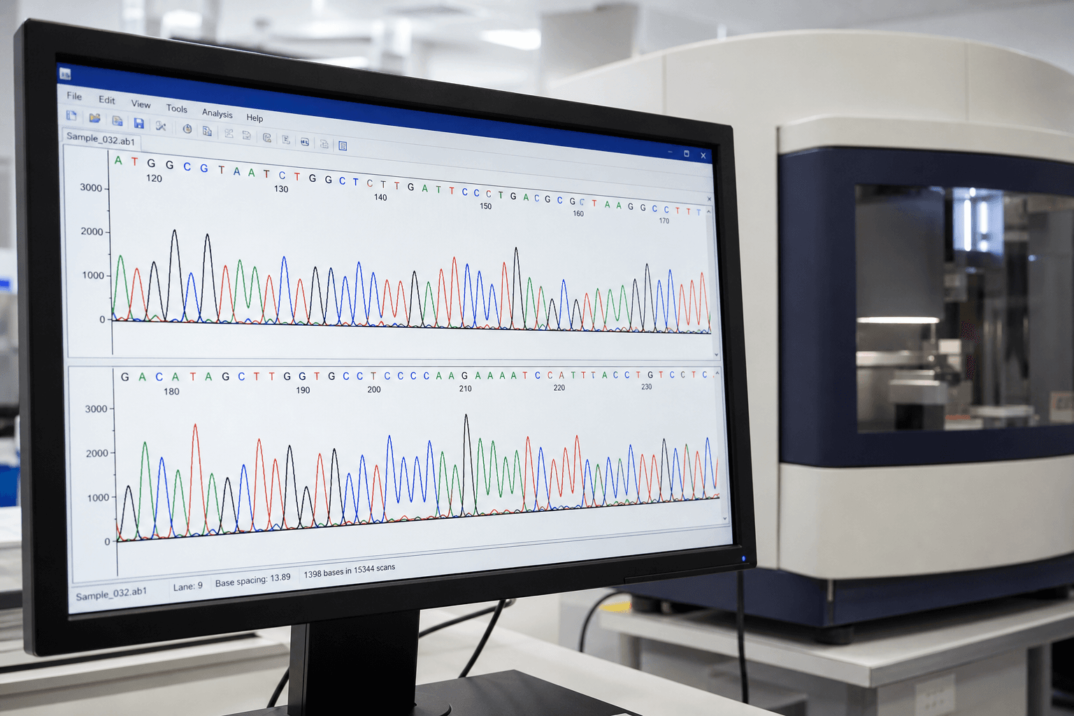 Sanger sequencing chromatogram with colourful fluorescent base-call peaks
