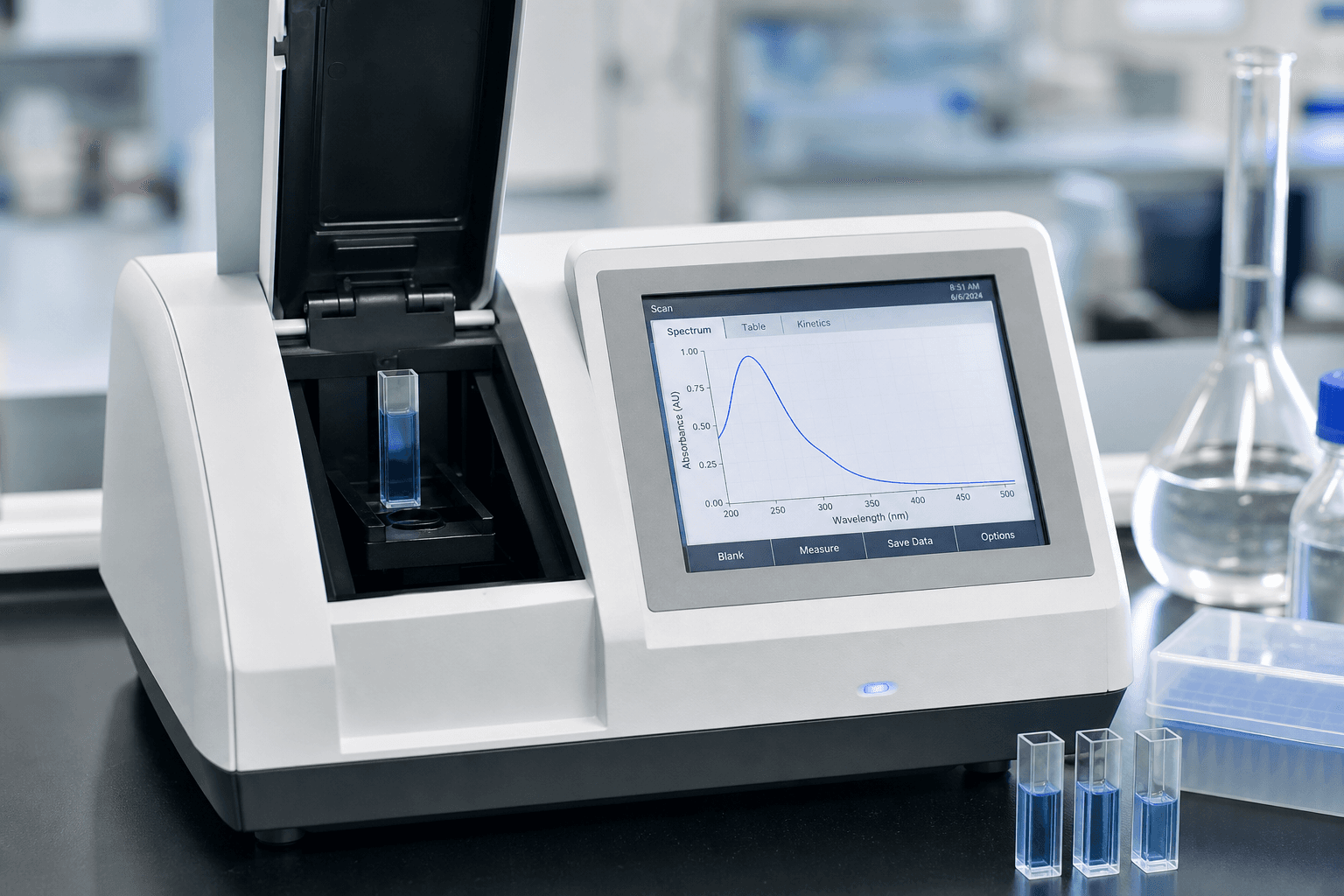 UV-Vis spectrophotometer with cuvette and absorbance spectrum curve