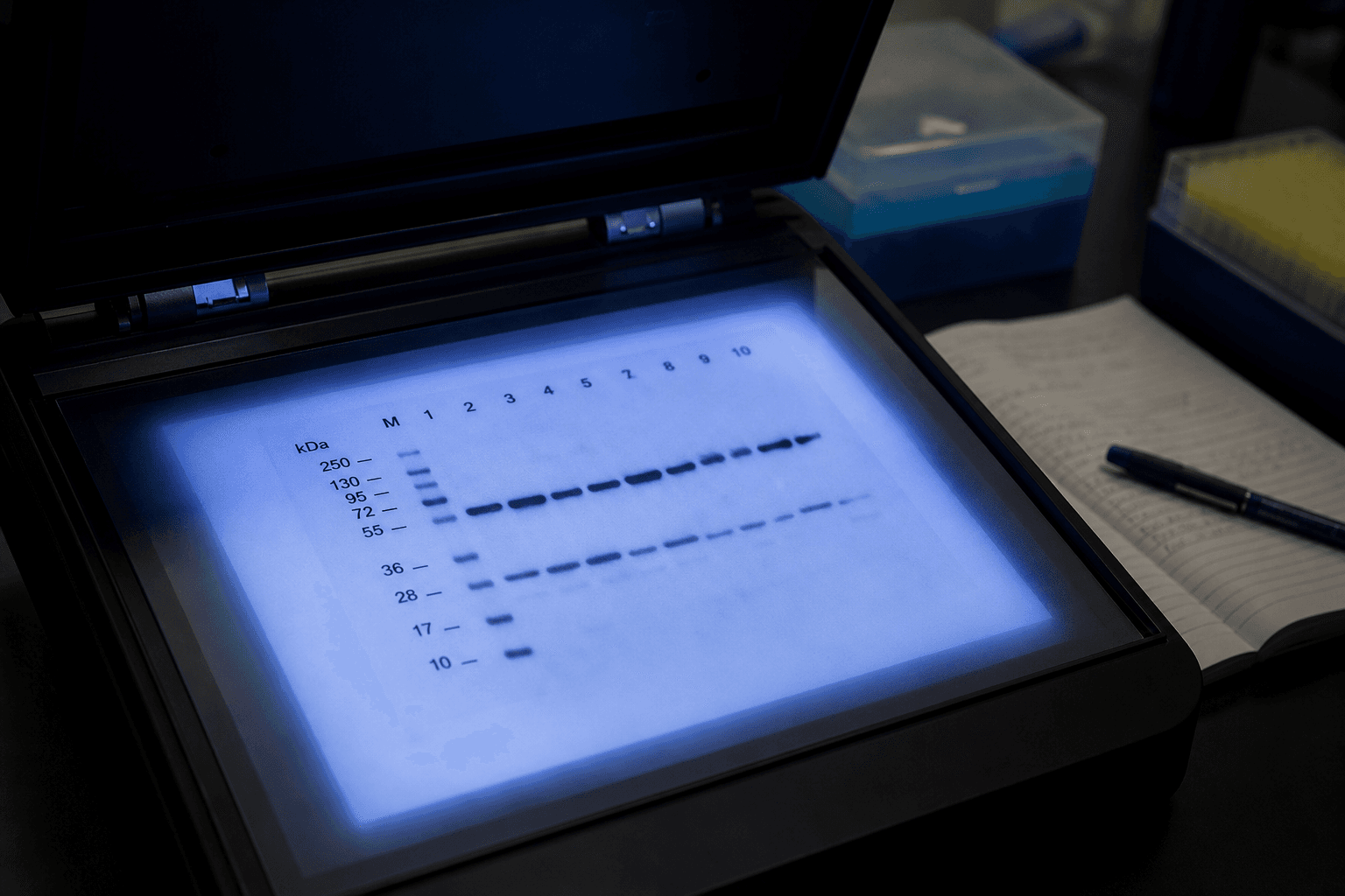 Western blot membrane showing protein bands under chemiluminescence imaging